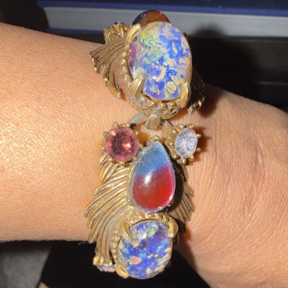 Florenza Vintage Multicolor Glass Gold Statement Link Bracelet Oval Teardrop
